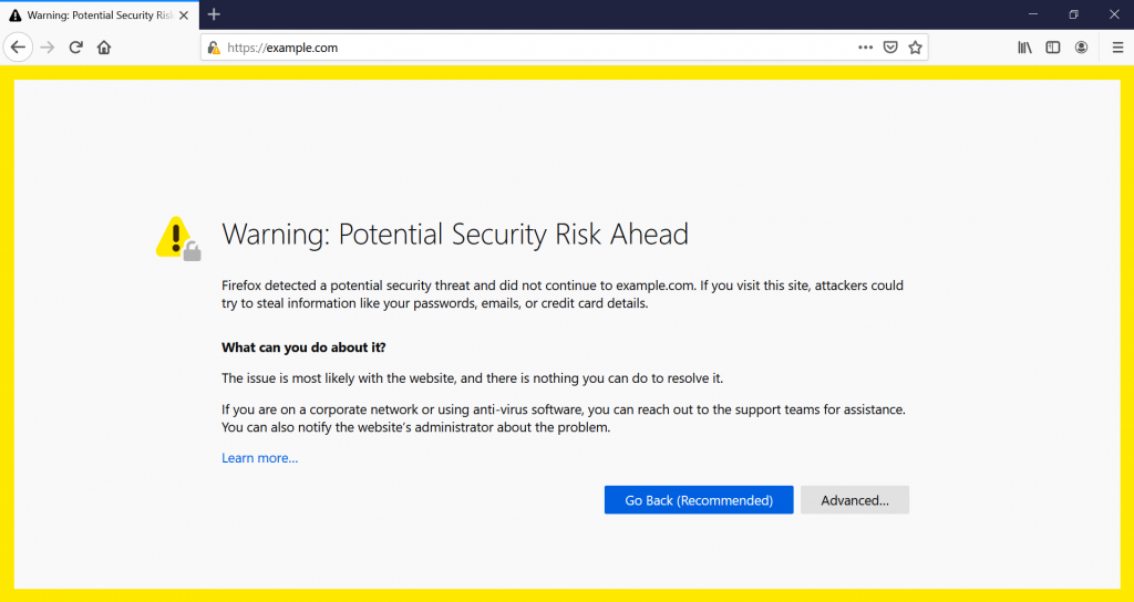 peringatan "Warning: Potential Security Risk Ahead" bakal muncul di Mozilla Firefox