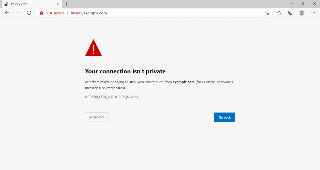 halaman "Your Connection isn't Private," yang mirip dengan Chrome