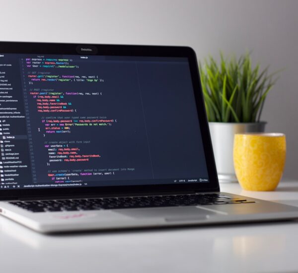 Hacker etis Kanada melakukan coding dengan laptop di depan layar - kebebasan berekspresi digital