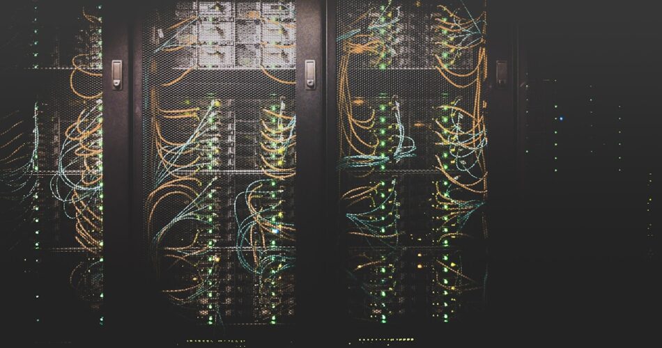 Server rack infrastructure dengan vulnerability scoring dashboard, firmware networking edge devices